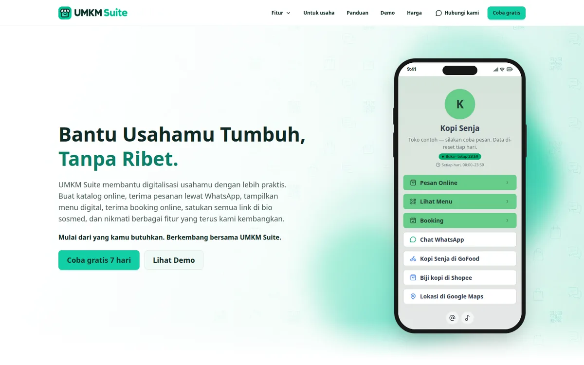 Halaman utama UMKM Suite: judul “Bantu Usahamu Tumbuh, Tanpa Ribet.” di samping ponsel berisi halaman toko contoh Kopi Senja.